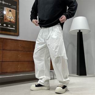 夏季工装风捏褶白色阔腿裤男百搭潮流薄款透气宽松直筒休闲长裤子