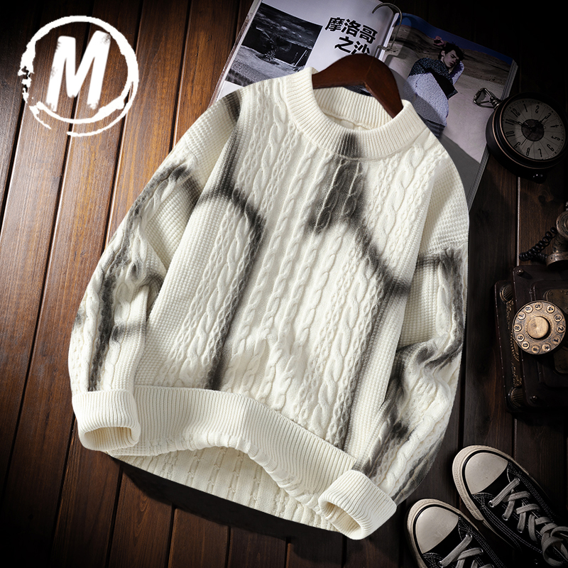 秋冬季男士圆领撞色针织毛衣