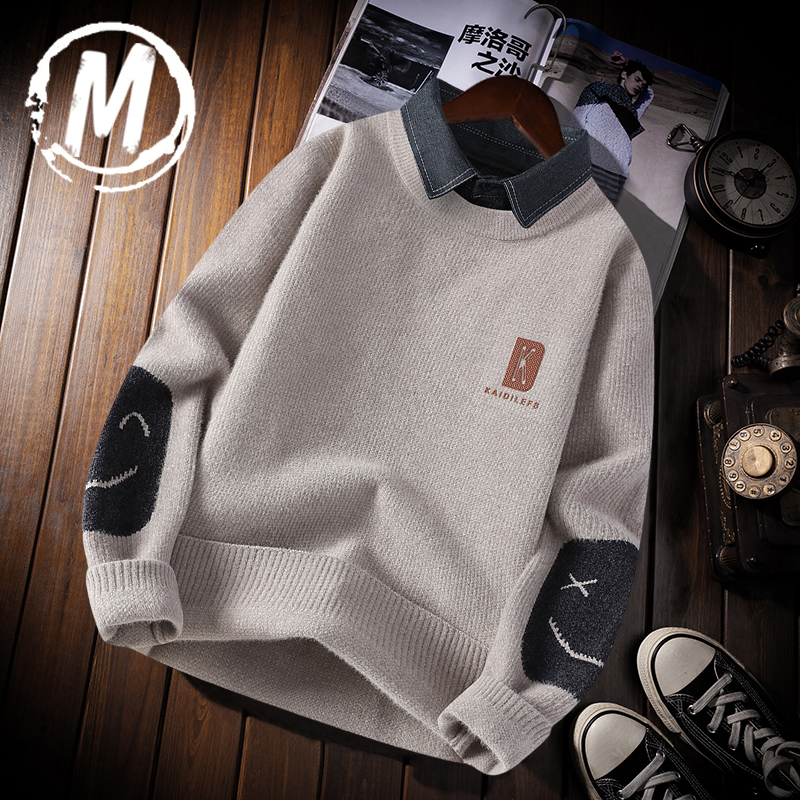 冬装新款男士毛衫假两件针织衫衬衫带领毛衣男款加厚绒衫外套上衣