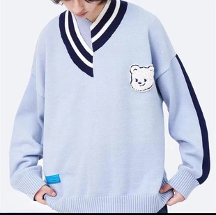 【先用后付】2025原厂秋冬不对称V领贴布绣小熊错位毛衣情侣长袖