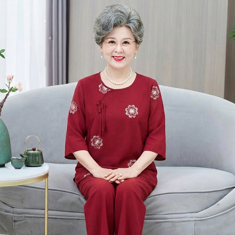 老年奶奶装夏季绵绸家居服套装