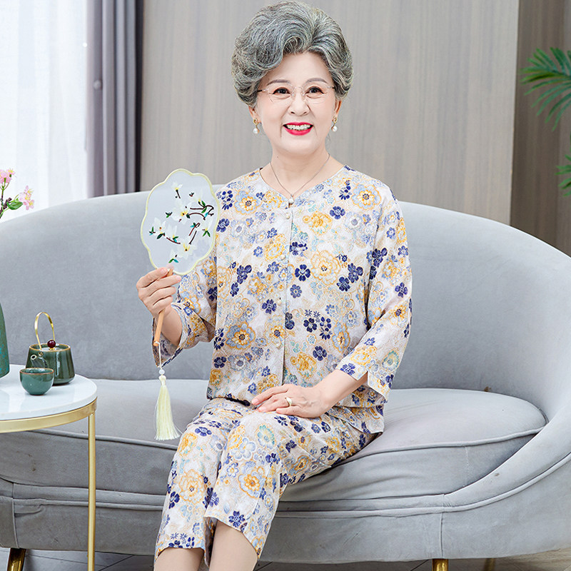 棉绸文艺复古时尚套装妈妈装开衫