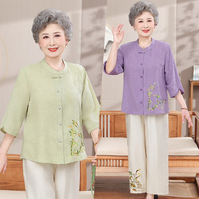 中老年人女棉麻衬衫妈妈夏天开衫