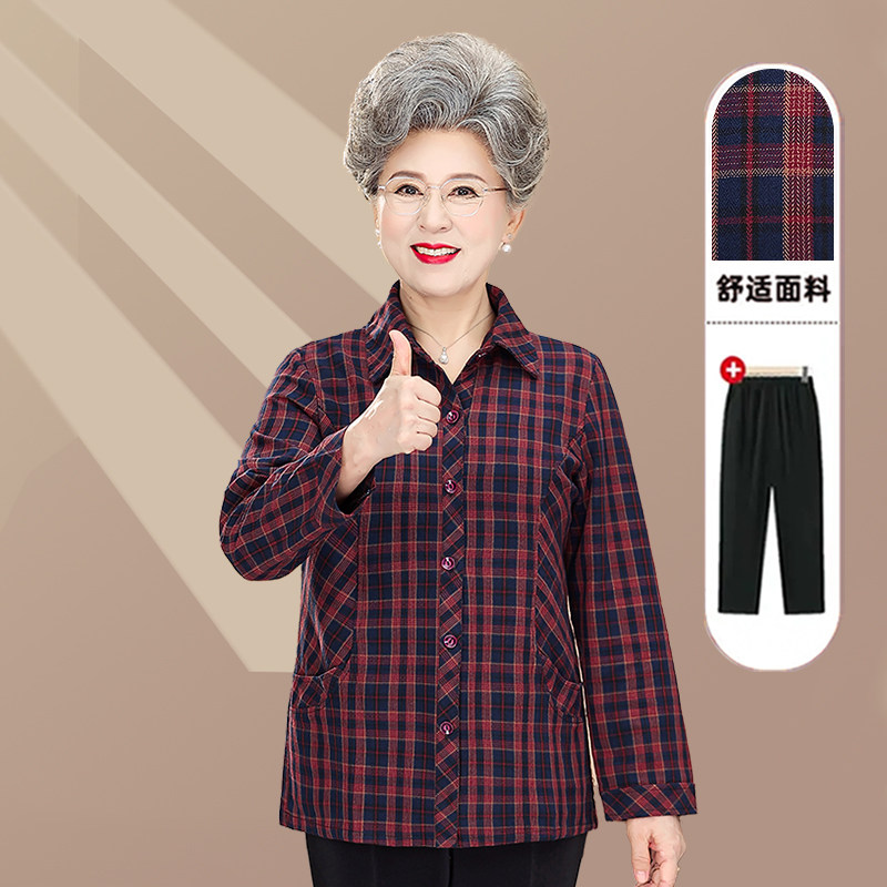 妈妈春秋装纯棉格子长袖衬衣
