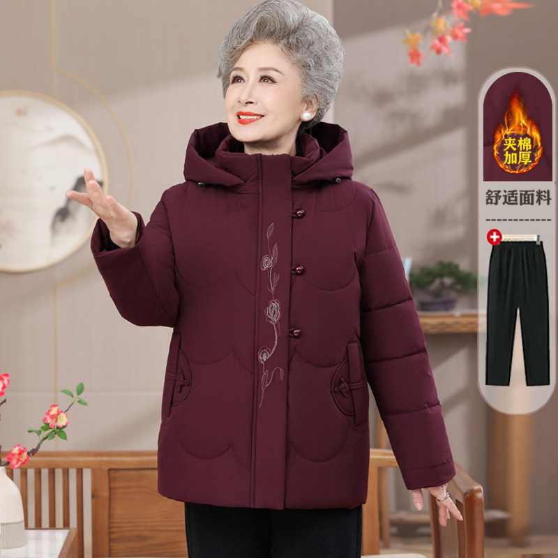 冬季中老年女装刺绣连帽保暖棉服