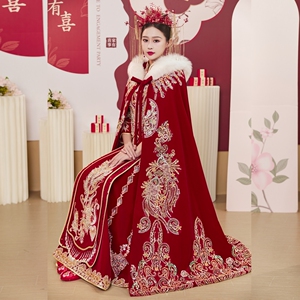 中式婚礼秀禾服披风2023新款新娘结婚披肩外搭加厚保暖大毛领斗篷