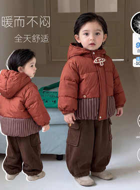 儿童冬天羽绒服套装小男孩设计感翻领上衣休闲裤三件套男宝宝冬装
