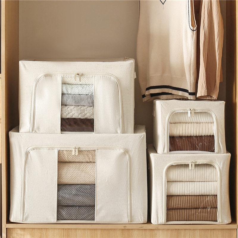 天山棉麻收纳箱布艺整理箱衣柜衣服被子收纳盒特大号带钢架