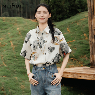 女20525夏季 短袖 呼呼专享 复古印花设计感衬衣 谜底花色衬衫
