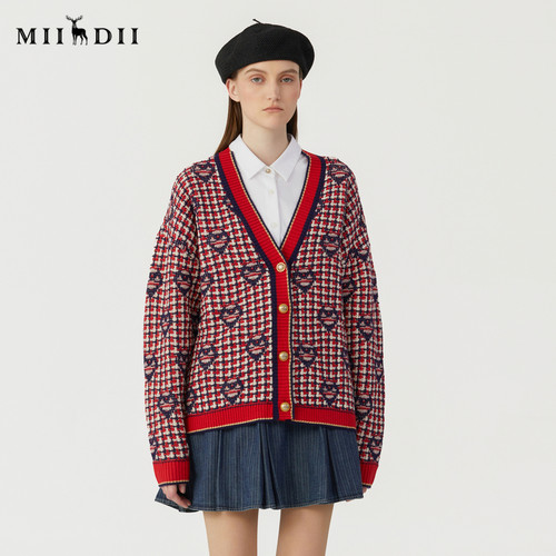 谜底V领针织开衫原创提花中长款毛衫234MZ1899