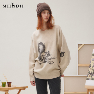 女2025秋新品 谜底针织衫 羊毛混纺原创绣花慵懒舒适毛衣253MZ1323