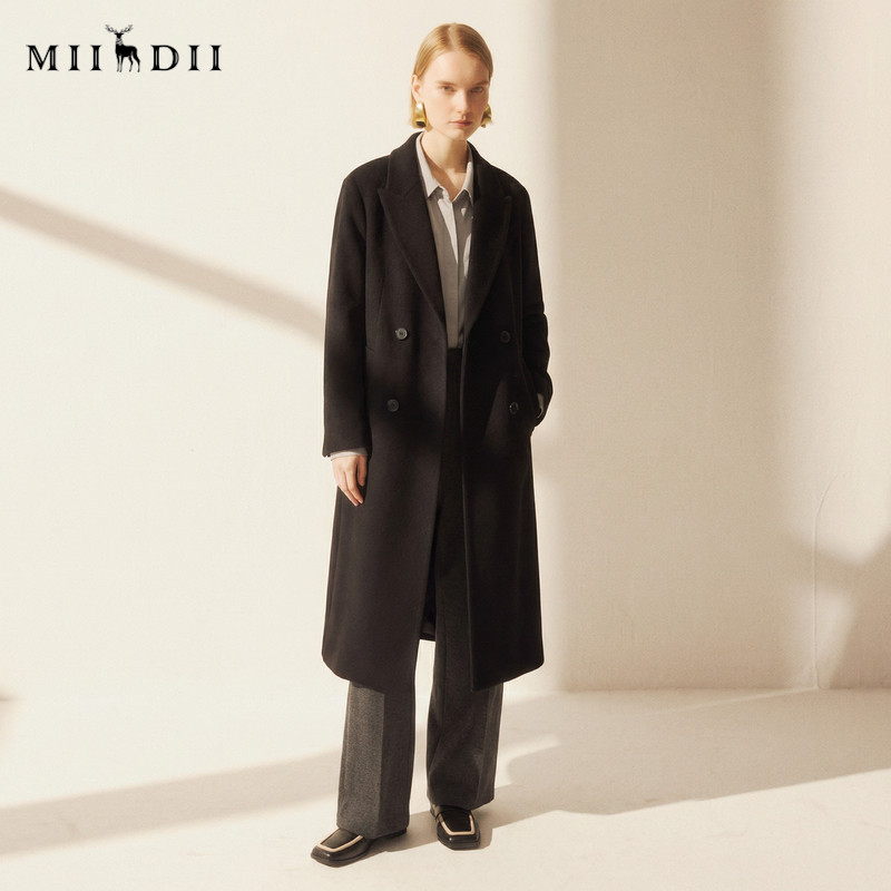 谜底呢子大衣女2025冬季新款通勤简约双排扣直筒羊毛呢258MD5501