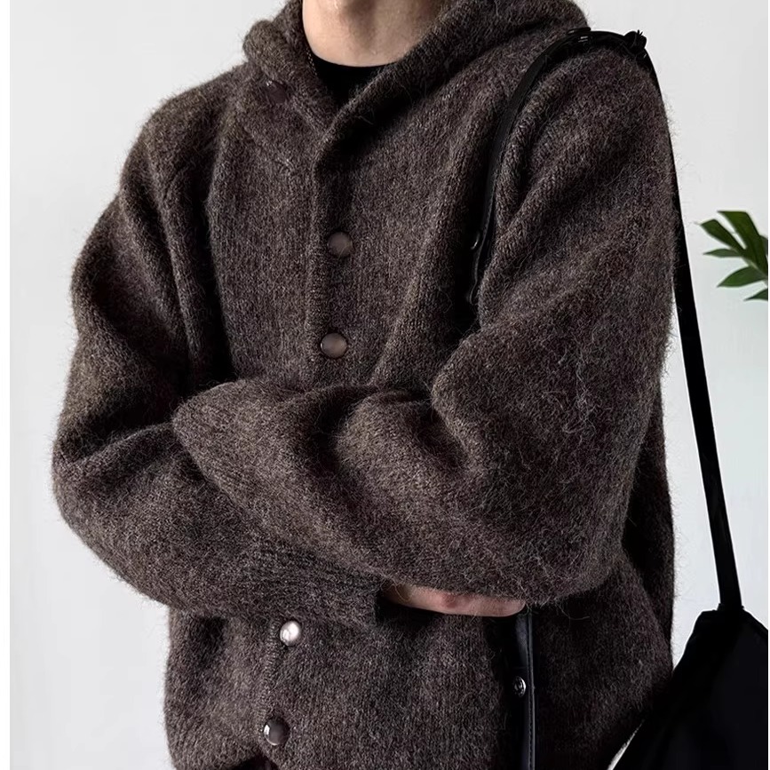 冬季纯色重磅半高领连帽针织开衫