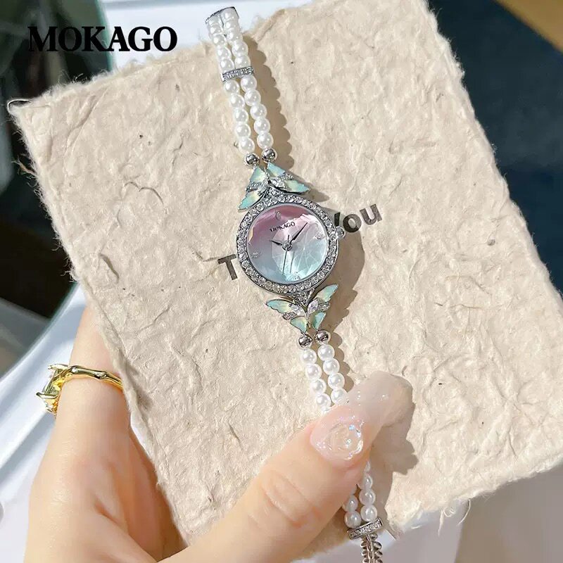 MOKAGO蝴蝶珍珠手链表女士精致镶钻小众石英表防水太阳纹轻奢腕表