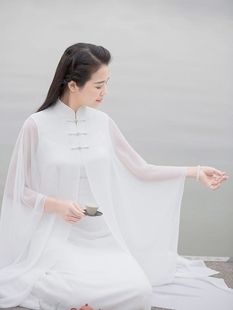 中国风立领旗袍披风白色禅意连衣裙茶服禅服 中式 春夏女装 2023新款