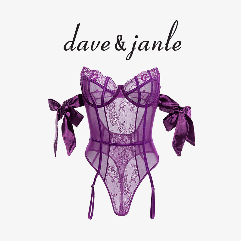 英国 Dave&Janle 紫色韵味紫鱼骨胸衣女蕾丝免脱开裆连体衣礼盒装