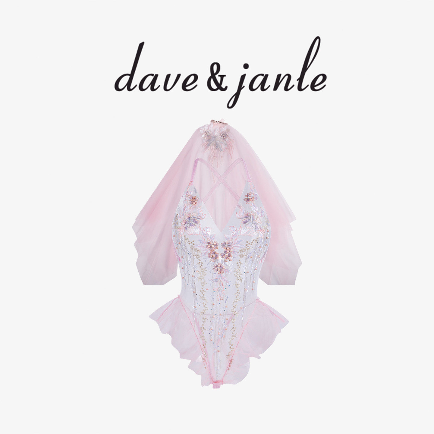 英国 Dave&Janle 性感吊带透视挂脖刺绣花嫁新娘开档连体衣礼盒装
