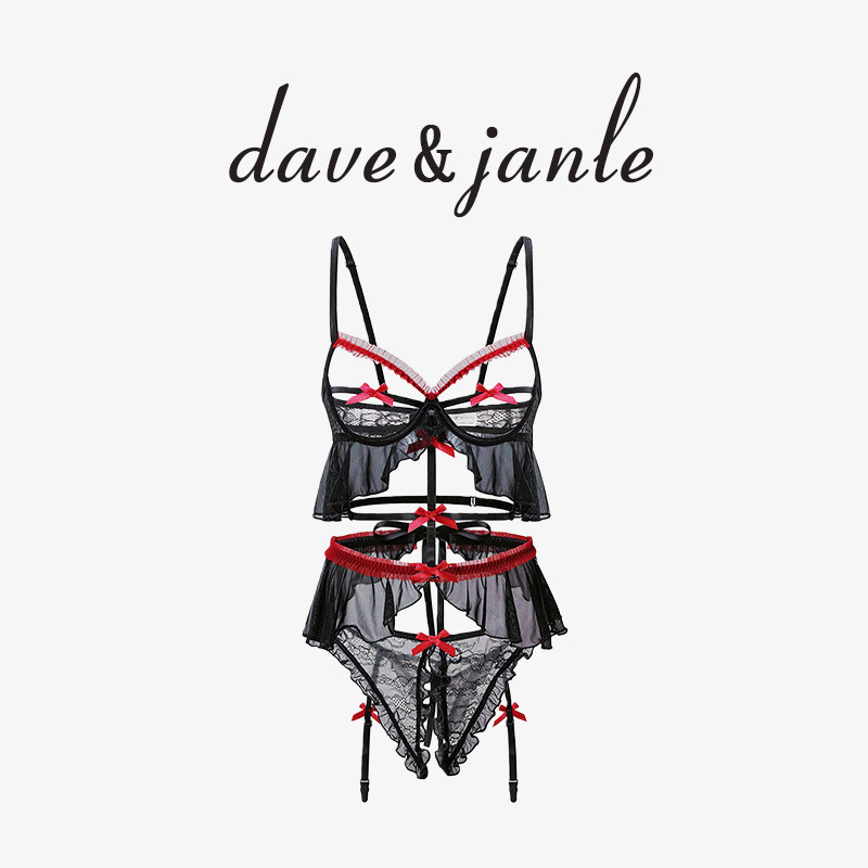 英国 Dave&Janle 甜辣性感蝴蝶结蕾丝花边镂空连体文胸套装礼盒装