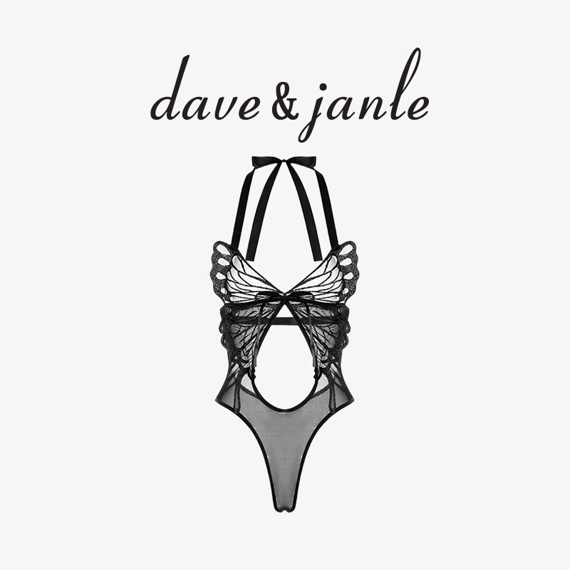 英国 Dave&Janle 挂脖吊带蝴蝶蕾丝连体衣性感睡衣小胸显大礼盒装