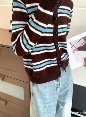 昕霏工厂店古条纹控必入撞色解锁秋日活力时髦感针织开衫A330225