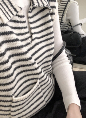 Houli·厚厘系翻领条纹口袋粗针背心针织马甲含100绵羊毛FBB103