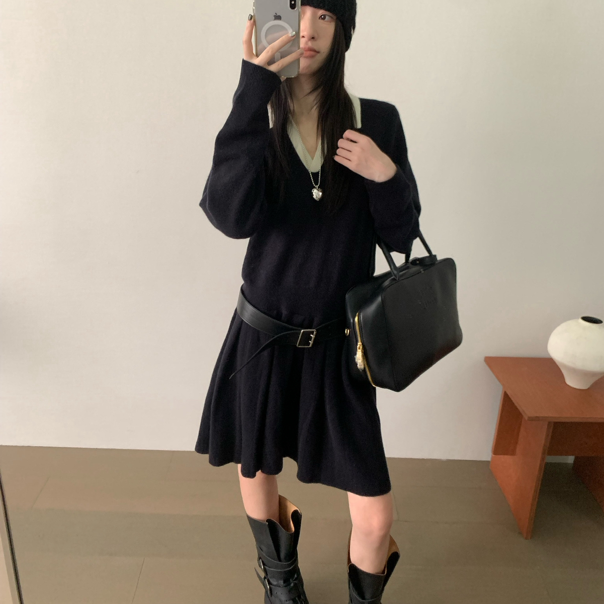 TABLE-v领针织百褶裙秋冬内搭外穿减龄休闲连衣裙（含100羊毛）38