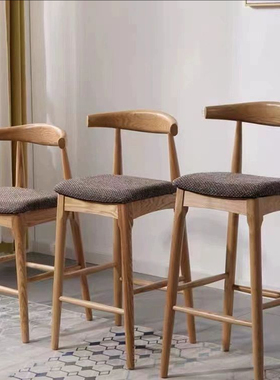日料店简约北欧牛角椅天然实木吧椅酒店家用民宿餐厅酒吧高脚凳子
