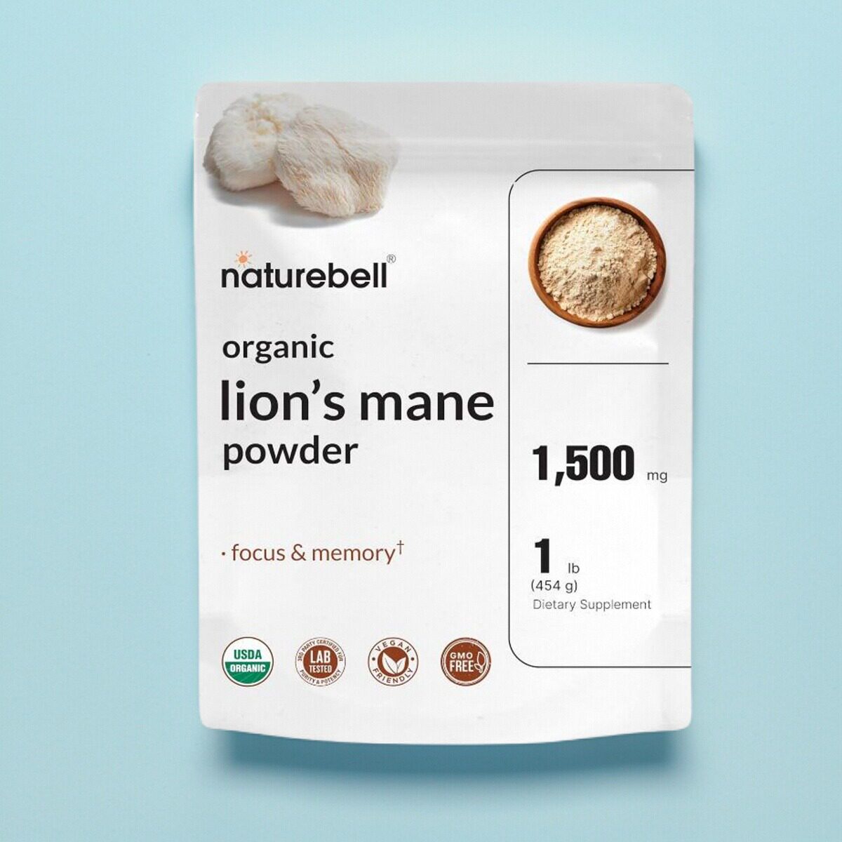NatureBell有机狮子鬃粉Lions Mane整株菌丝体蘑菇记忆力专注力