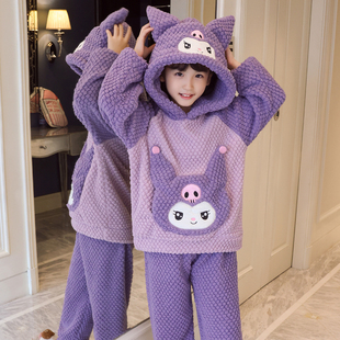 女童睡衣冬天连帽带口袋玫瑰绒加厚保暖库洛米卡通家居套装珊瑚绒
