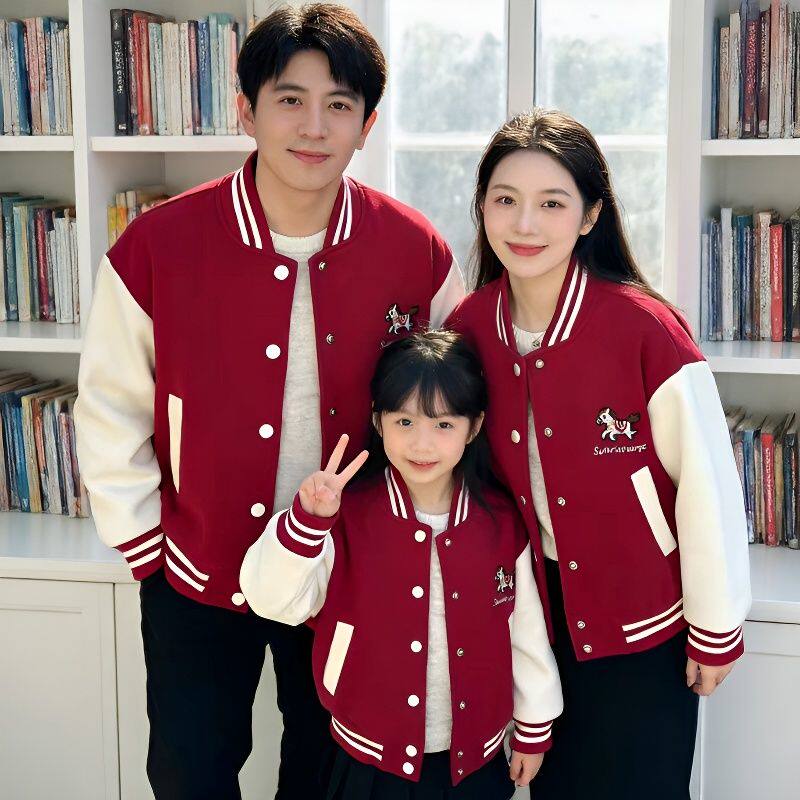韩版亲子装外套一家三口2026新款新年过年保暖秋冬母子母女棒球服