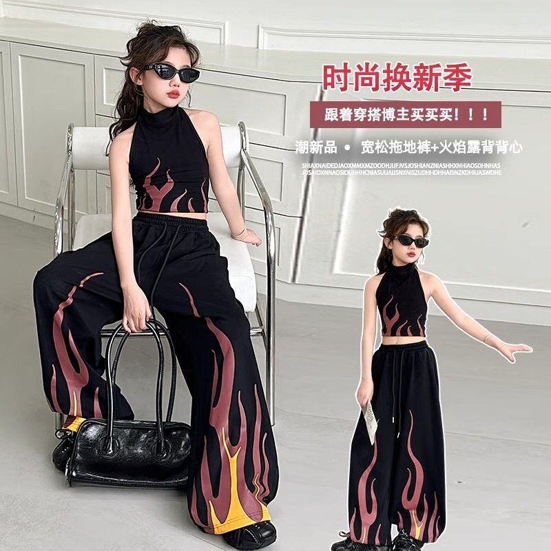 女童爵士舞街舞表演服女团jazz露肩背心火焰长裤舞蹈练功服夏新款