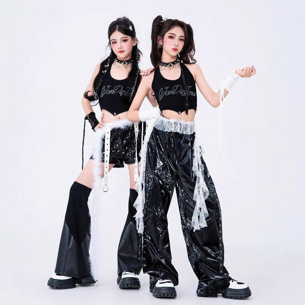 童装爵士舞女童服装夏甜酷风少儿jazz背心皮裤街舞时髦走秀演出服