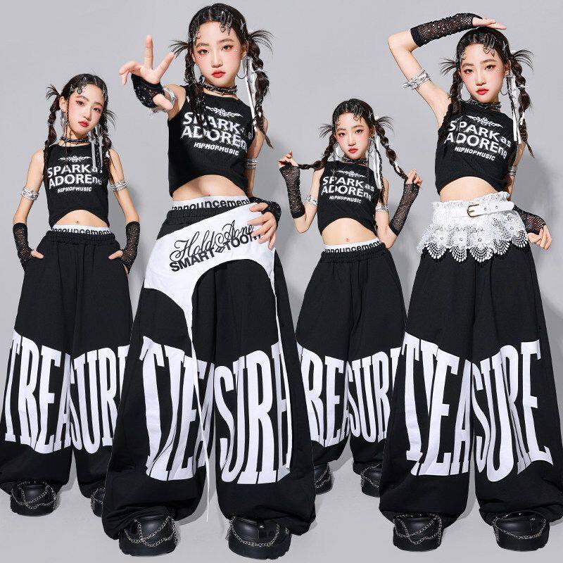 女童jazz黑色爵士舞演出服女孩闪钻背心儿童街舞服装少儿裤子套装