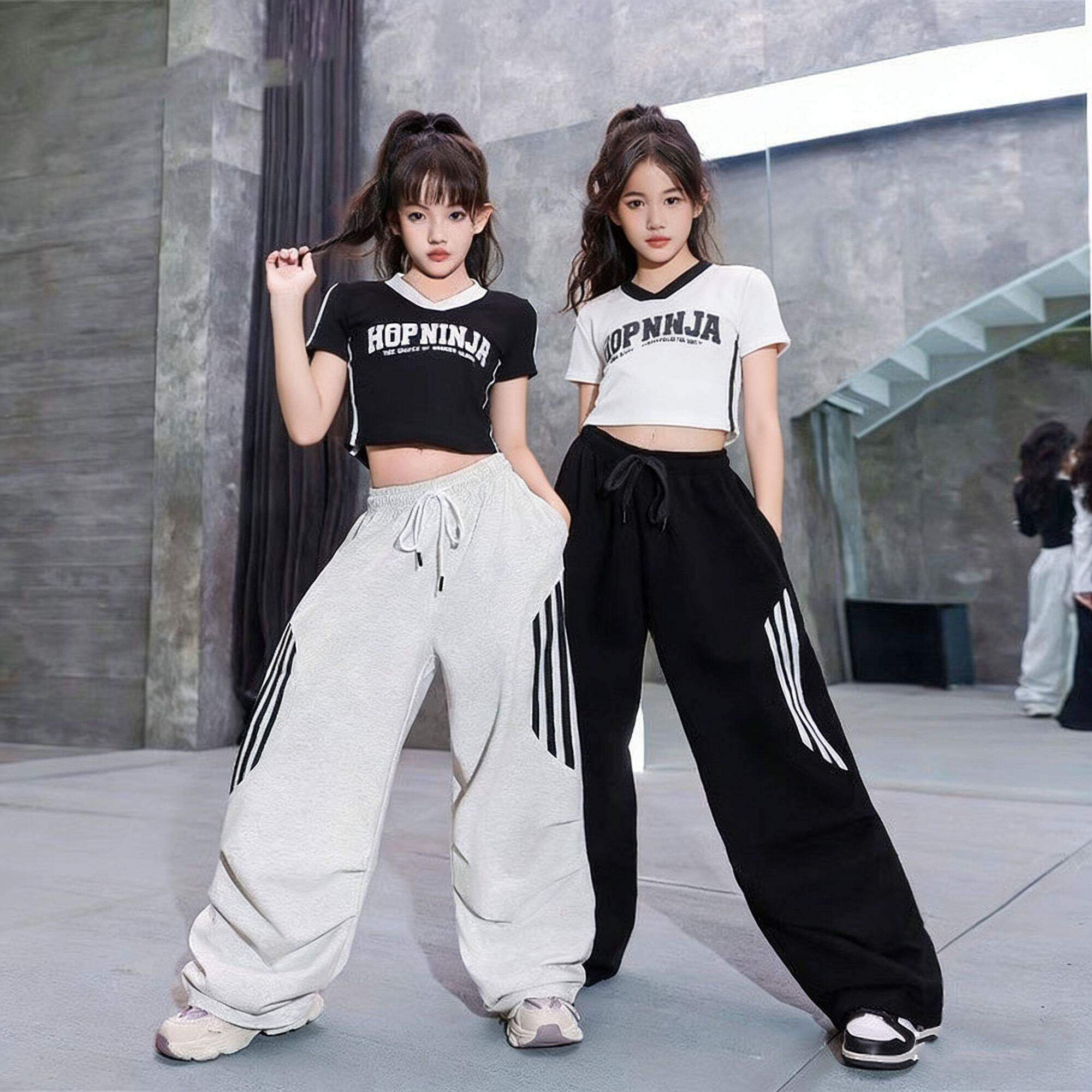 儿童街舞套装女童jazz美式短袖V领T恤球衣运动裤爵士舞服表演出潮