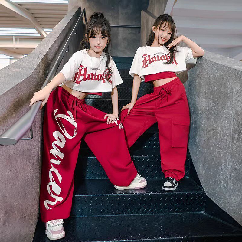 女童爵士舞服套装jazz短袖T恤背心露脐儿童街舞表演出服潮