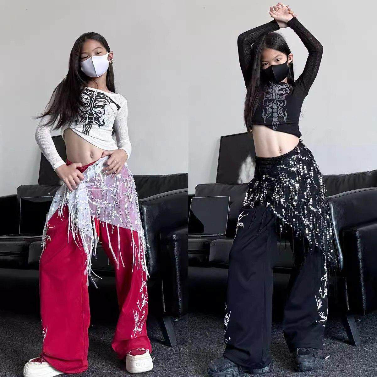 潮酷女童透明长袖上衣宽松束脚卫