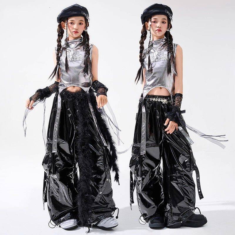 爵士舞女童服装儿童时髦亮皮上衣街舞套装少儿jazz舞蹈炸街演出服