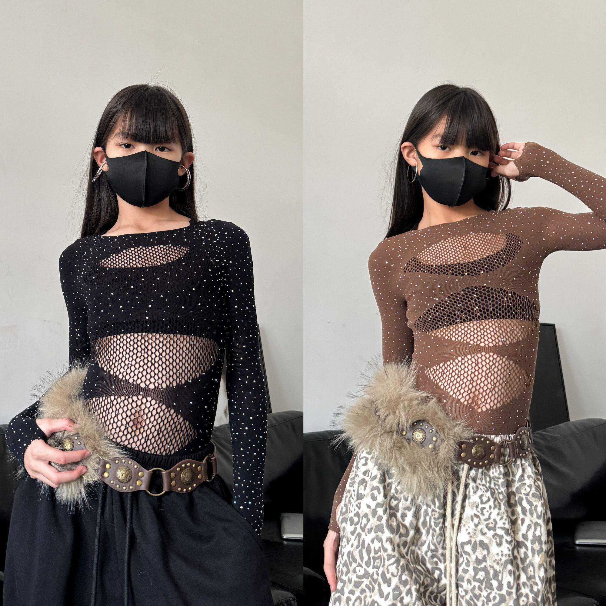 新款潮酷女童儿童演出服爵士舞服少儿舞蹈服网纱闪钻连体修身上衣