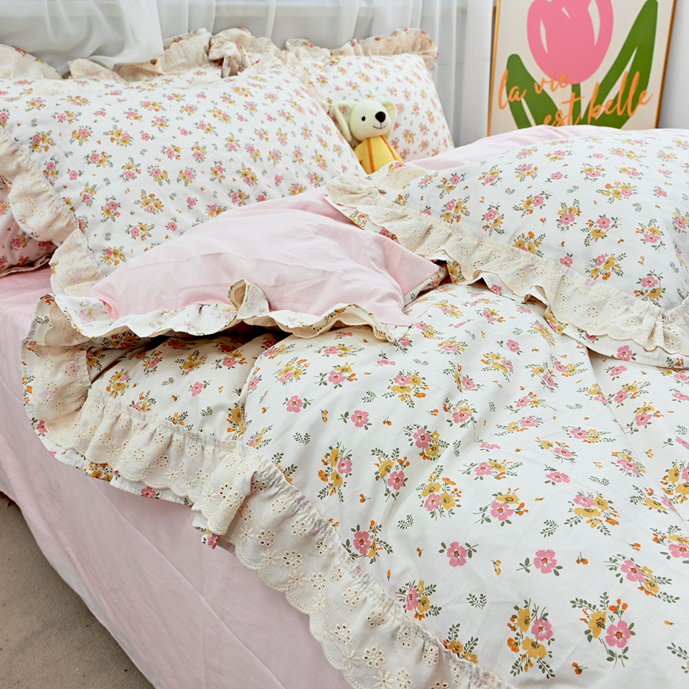 仙女款公主风花边纯棉四件套100全棉被套碎花田园床上三件套床单