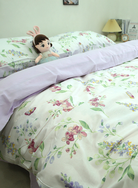 紫色梅花100纯棉全棉四件套全棉宿舍三件套床单被套花卉床上