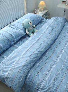 简约蓝色条纹斜纹纯棉四件套全棉宿舍三件套床单被套床上四季款