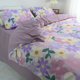 四季 紫色花瓣四件套纯棉全棉少女心宿舍三件套床单被套床上定做 款