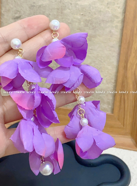新款新娘紫色花瓣耳钉女度假风仙气花朵甜美雪纺花瓣百搭耳饰耳夹