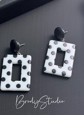 复古怀旧时髦黑白波点80年代夸张耳环女方形摩登港风耳夹港式配饰