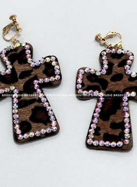 豹纹十字架耳环千禧年古早涩谷辣妹y2k小众个性日系朋克夸张耳夹