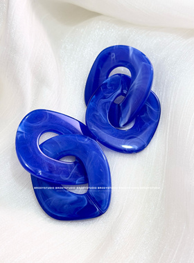 复古蓝色港风耳饰几何大耳环新款高级感耳坠夸张耳钉女耳夹无耳洞