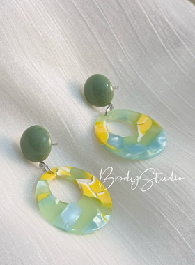 春夏耳钉草绿黄色拼接醋酸青黄晕染复古小清新青柠汽水耳环耳夹女