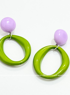 不规则椭圆耳环小众设计感高级气质独特紫色绿色撞色耳钉无洞耳夹