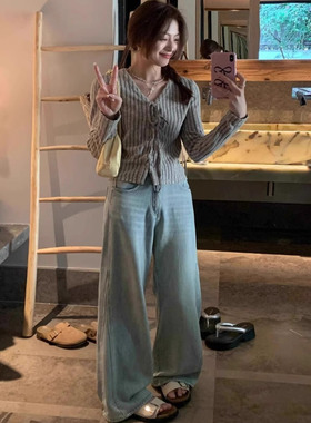 三只老熊女装浅蓝色直筒阔腿牛仔裤女2025年新款高腰显瘦长裤