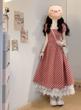 三只老熊红格绮梦大码法式甜美A字裙摆白拼接腰带桔梗初恋连衣裙